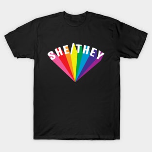 She/They Pronouns Rainbow Burst T-Shirt